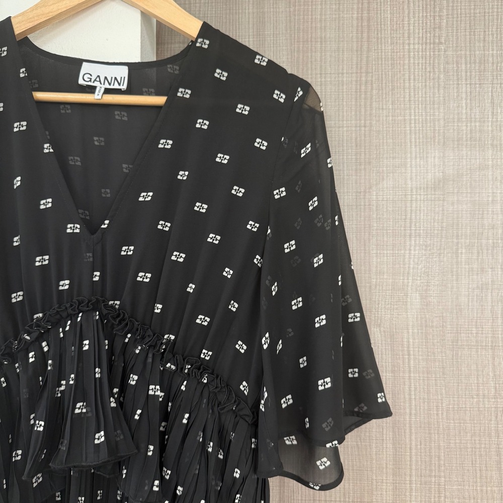 GANNI Black Pleated Georgette V Neck‎ Flounce Mini Dress Short Sleeve EU38 US6 - Picture 8 of 16